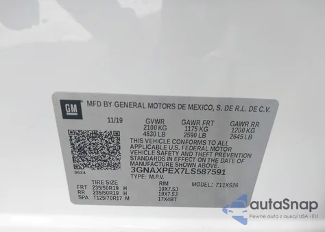 2020 Chevrolet Equinox Fwd Premier 2.0L Turbo из США, поврежденный, VIN 3GNAXPEX7LS587591